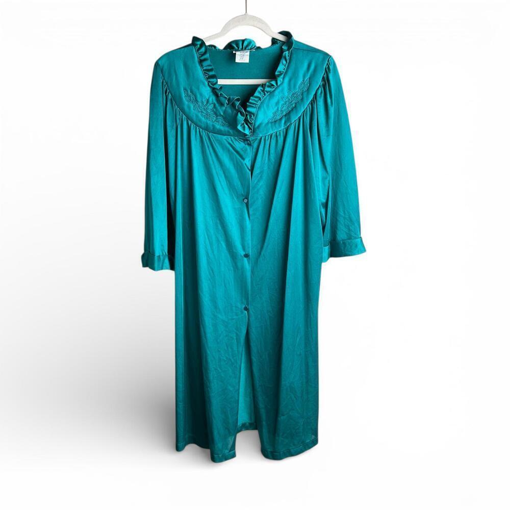 Vintage Teal Button-Up Nightgown with Ruffle Collar and Embroidered Detail